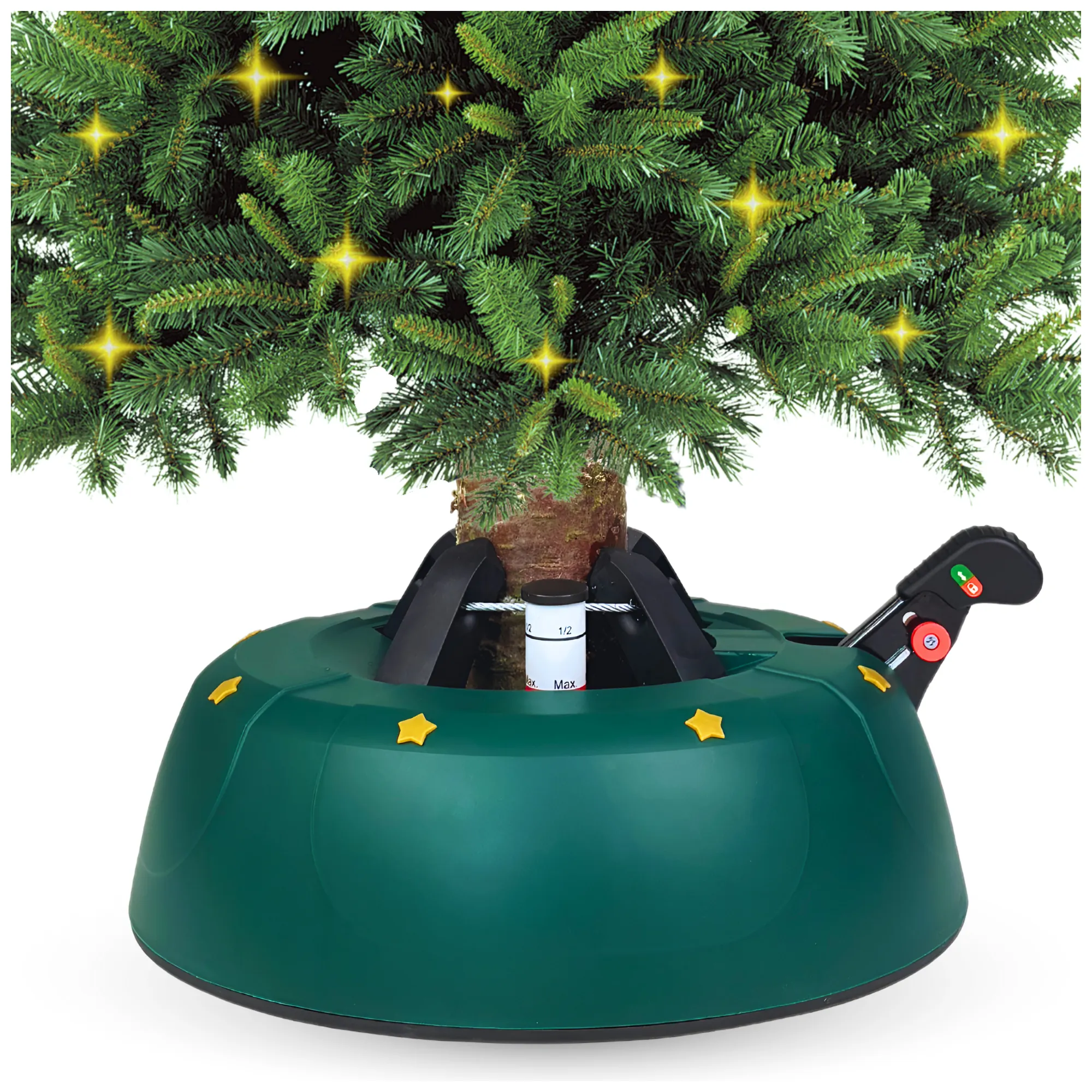 KAMAI stand hooks clamped on a Christmas tree trunk